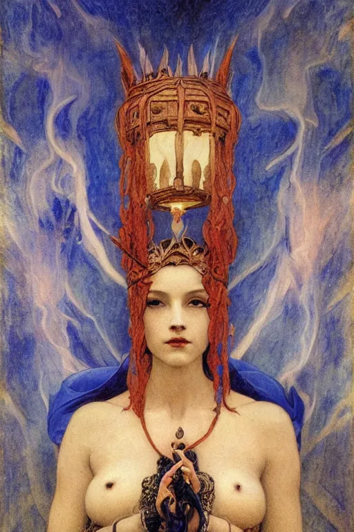 Image similar to queen of the underworld with her lantern by Annie Swynnerton and Nicholas Roerich and jean delville, strong dramatic cinematic lighting , ornate headdress , flowing robes, lost civilizations, smooth, sharp focus, extremely detailed