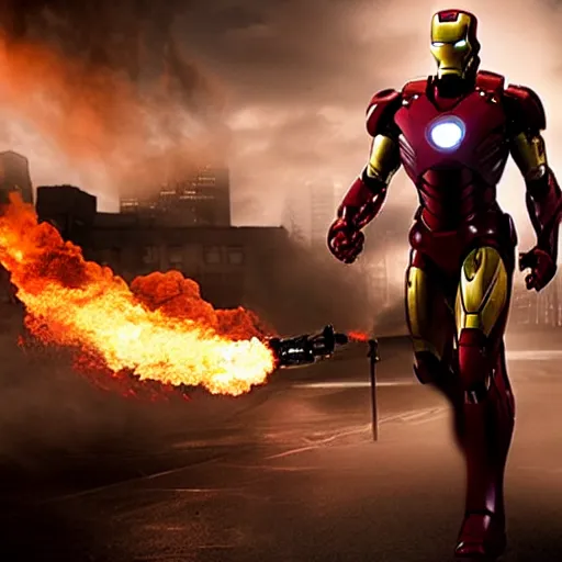 Image similar to < photo hd stunning gritty reimagined gaze = camera > iron man with a flamethrower, burning city in the background < / photo >