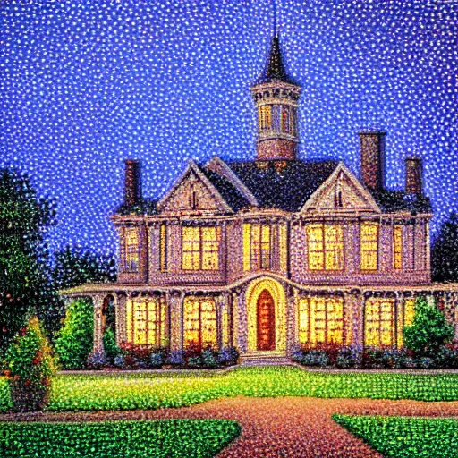 Image similar to Pointillism Painting of a Victorian manor at dusk soft glow HDR