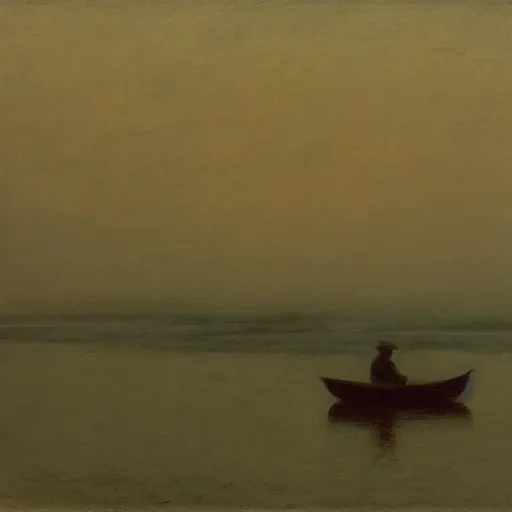 Image similar to silhouette of an old man fishing from a tiny boat at dawn, tonalism