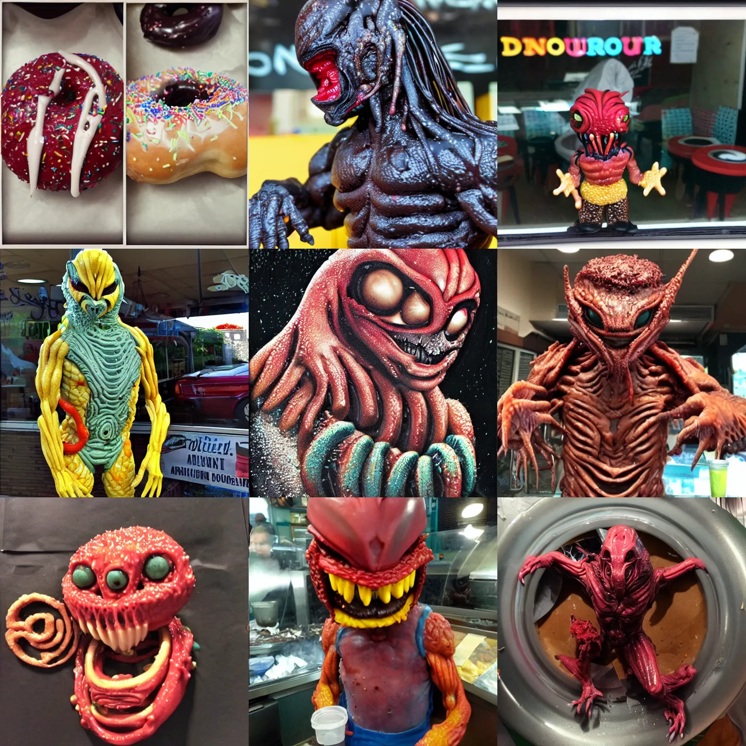 Prompt: the predator alien at the donut shop, messy eater, sprinkles