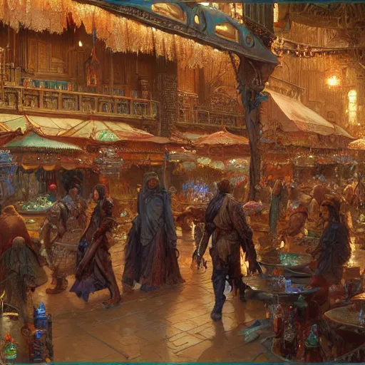 Image similar to The great Bazaar, fantasy art by Donato Giancola, Craig Mullins, digital art, trending on artstation