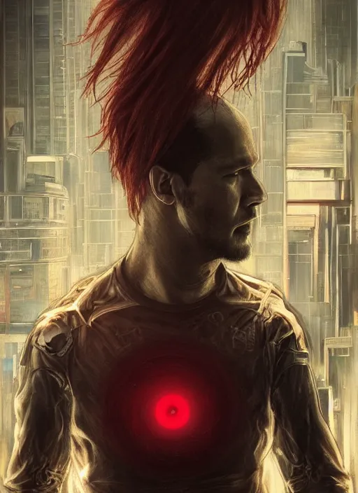 Image similar to Keanu Reeves, red glowing eyes, silver long hair, male, cyberpunk, extremely detailed, digital painting, artstation, concept art, smooth, sharp focus, illustration, stunning lighting, art by artgerm and greg rutkowski and alphonse mucha and simon stalenhag, realistic character concept, high fantasy, dark atmosphere, golden ratio, cinematic lighting, hyperdetailed, high resolution, insanely detailed and intricate, artstation, Marc Simonetti, Greg Rutkowski, 8k