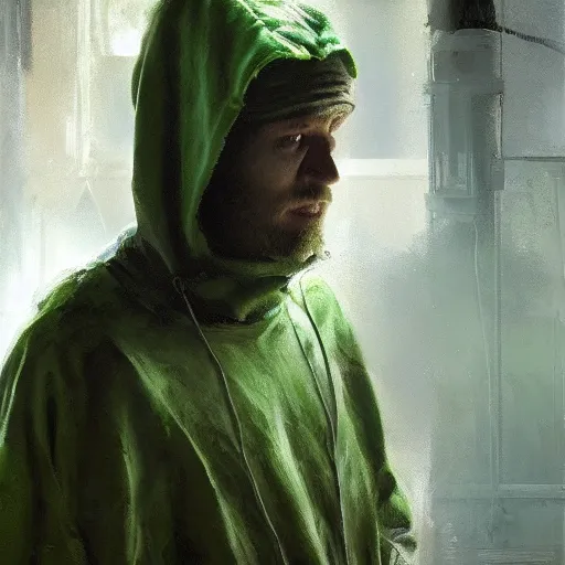 Image similar to portrait of a lost chad programmer with green hood by jeremy mann, dramatic lighting, close up