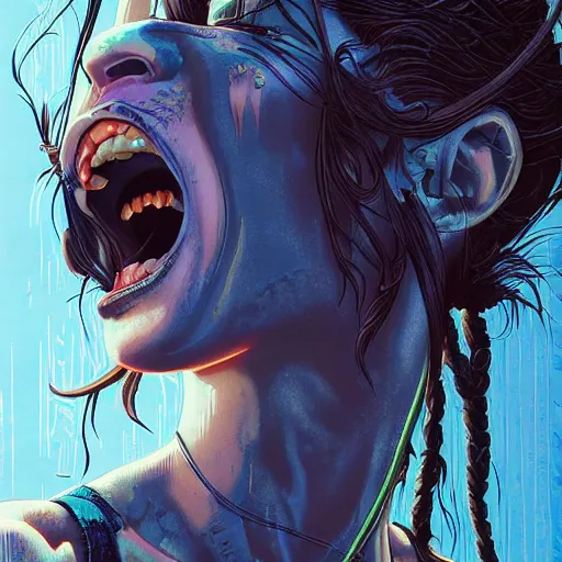 Prompt: portrait closeup of crazy screaming lara croft, symmetrical, cinematic colors, by yoichi hatakenaka, masamune shirow, josan gonzales and dan mumford, ayami kojima, takato yamamoto, barclay shaw, karol bak, yukito kishiro