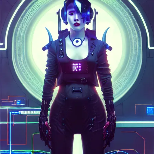 Image similar to portrait painting of sunmi as a cyberpunk technician with horns and tattoos, ultra realistic, concept art, intricate details, eerie, highly detailed, photorealistic, octane render, 8 k, unreal engine. art by artgerm and greg rutkowski and magali villeneuve and alphonse mucha