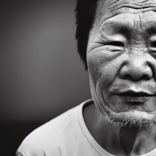 Image similar to grizzled tragic chinese man, age 3 5, with gutterpunk poke and stick face tattoos at dusk, black & white, richard avedon, 5 0 mm, grainy, low light