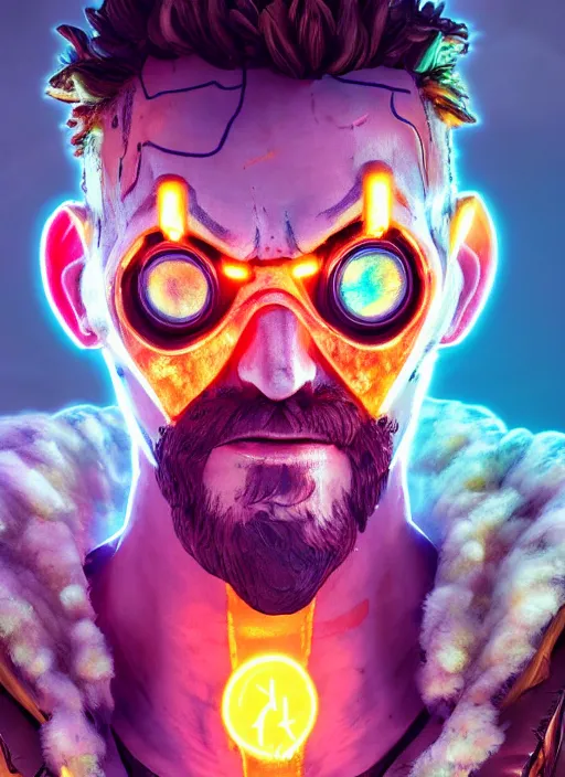 Image similar to glowwave portrait of curly orange hair man from borderlands 3, au naturel, hyper detailed, digital art, trending in artstation, cinematic lighting, studio quality, smooth render, unreal engine 5 rendered, octane rendered, art style by klimt and nixeu and ian sprigger and wlop and krenz cushart.