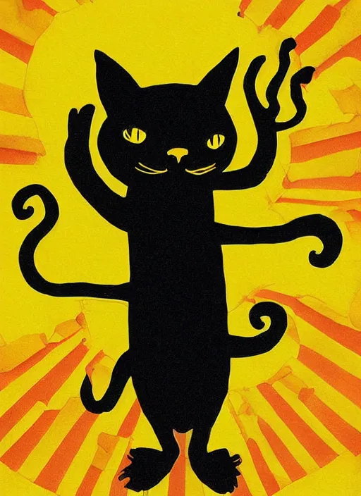 Image similar to a black cat standing on top of a yellow sun, a storybook illustration by sara saftleven, behance contest winner, nuclear art, sunrays shine upon it, god rays, digital illustration