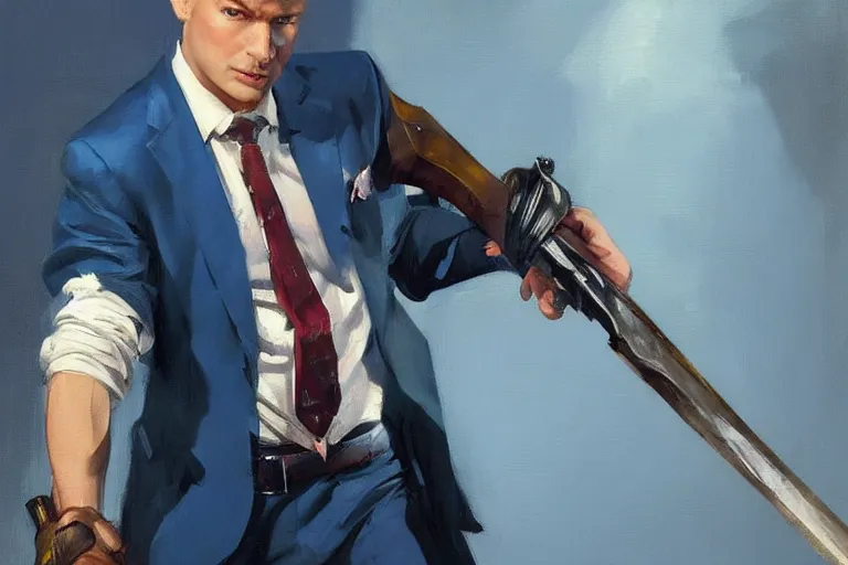 Image similar to greg manchess portrait painting of a blond man in a blue suit with a sword and a pistol, asymmetrical, profile picture, organic painting, sunny day, matte painting, bold shapes, hard edges, street art, trending on artstation, by huang guangjian, gil elvgren, ruan jia, randy vargas, greg rutkowski