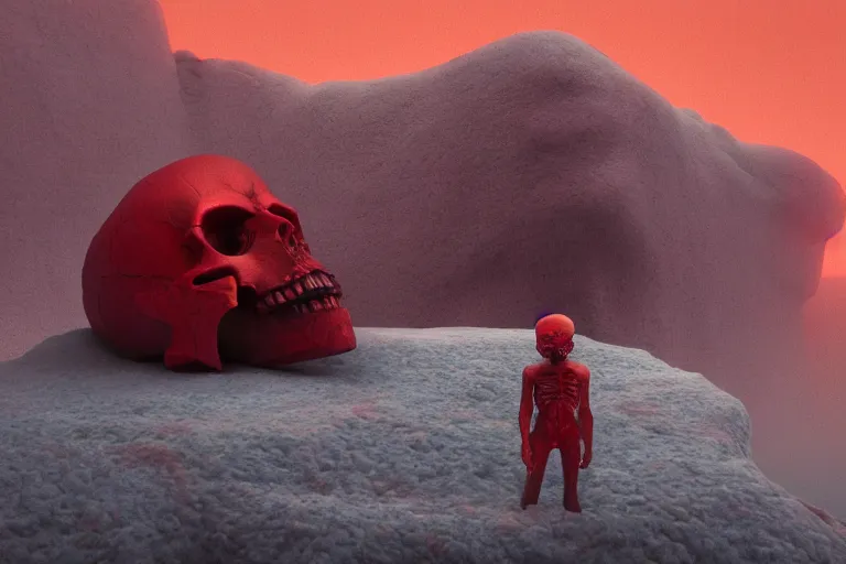 Prompt: a hd render of a floating red skull, surreal frozen landscape, 8 k, cinematic lighting, by beeple and zdzisław beksinski