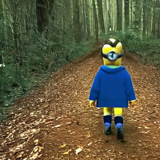 Prompt: bad quality screenshot of a leaked video of a small person dressed as gru from the minions following me through a forest trail, night time, bright camera flash, camera shaking, realistic, ultrarealistic, 4 8 0 p, scary