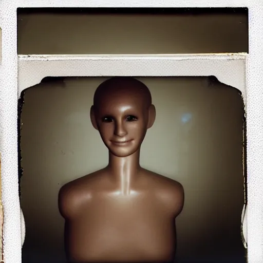 Image similar to an uncanny photograph of a mannequin with a wide smile in a dimly lit abandoned warehouse, creepy, liminal, flash photography, polaroid i-Type film