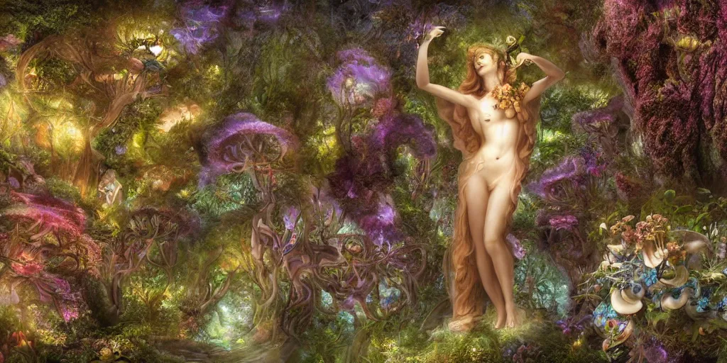 Image similar to glowing delicate flower and mushrooms that grow in a dark fatansy forest on the planet Pandora, an idealistic marble statue with fractal flowery hair in a fractal garden, Adam and Eve, symmetrical,