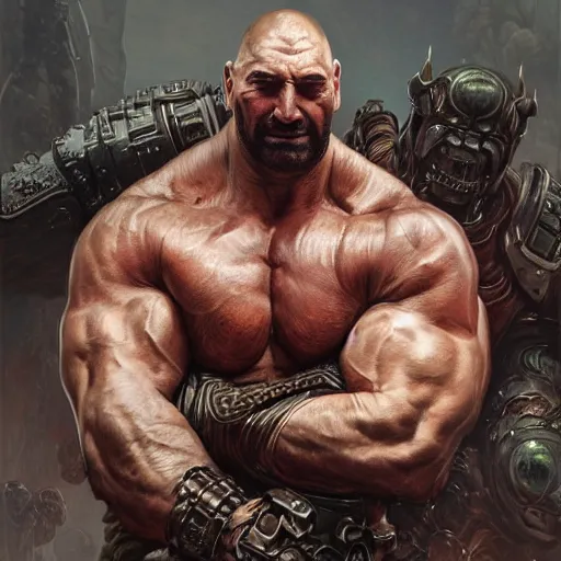 Image similar to ultra realistic illustration,, a hulking herculean dave bautista with leather armour, from doom and warhammer, intricate, elegant, highly detailed, digital painting, artstation, concept art, smooth, sharp focus, illustration, art by artgerm and greg rutkowski and alphonse mucha