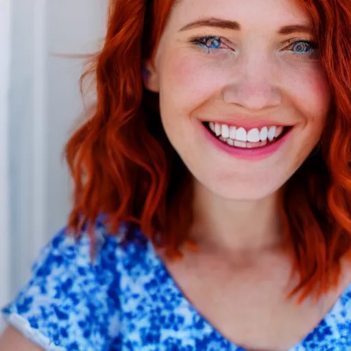 Prompt: close up shot of a beautiful woman with auburn hair and blue eyes, wearing a sundress, smiling at the camera, 4 k