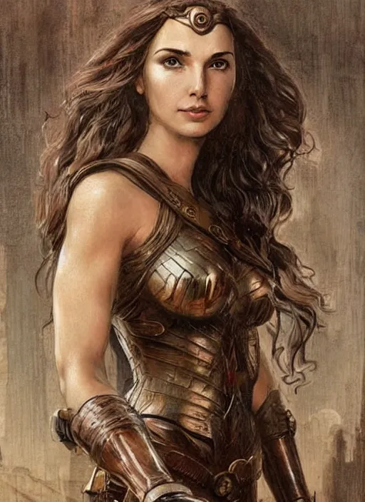 Image similar to highly detailed steampunk gal gadot as a blond standing, iron age : leonardo da vinci, greg rutkowski, magali villeneuve