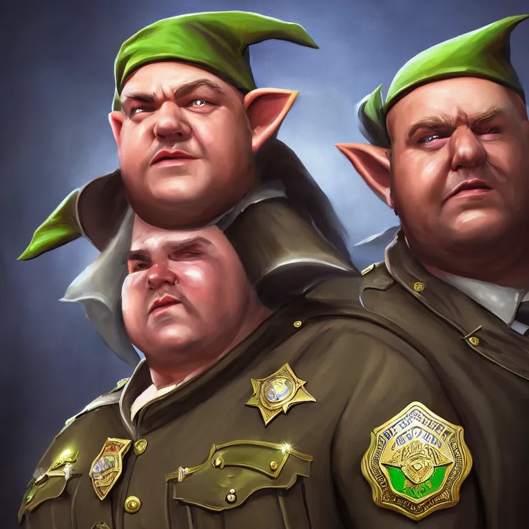 Image similar to a shifty fat high fantasy elf mall cop with a sheriff's badge, Oil Painting, hyperrealistic, Detailed Digital Art, RPG portrait, 3/4 bust, dynamic lighting, Highly Detailed, Cinematic Lighting, 8k, HD