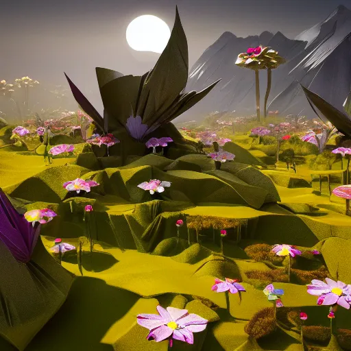 Prompt: an epic flowering alien landscape in the style of origami, 8 k, cinematic light, artstation