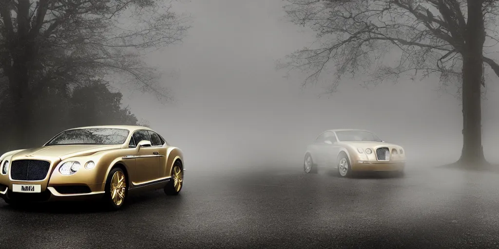 Image similar to parked Bentley Mark Iv, fog, rain, volumetric lighting, beautiful, golden hour, sharp focus, highly detailed, cgsociety