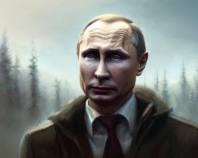 Image similar to highly detailed portrait of a vladimir putin, in the walking dead, stephen bliss, unreal engine, fantasy art by greg rutkowski, loish, rhads, ferdinand knab, makoto shinkai and lois van baarle, ilya kuvshinov, rossdraws, tom bagshaw, global illumination, radiant light, detailed and intricate environment