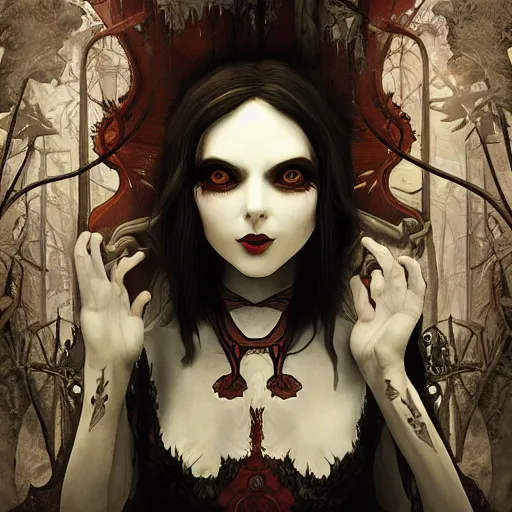 Image similar to realistic artnouveau style american mcgee's alice madness returns layers of fear style in a foggy twisted forestsharp focus very detailed 8 k cinematic