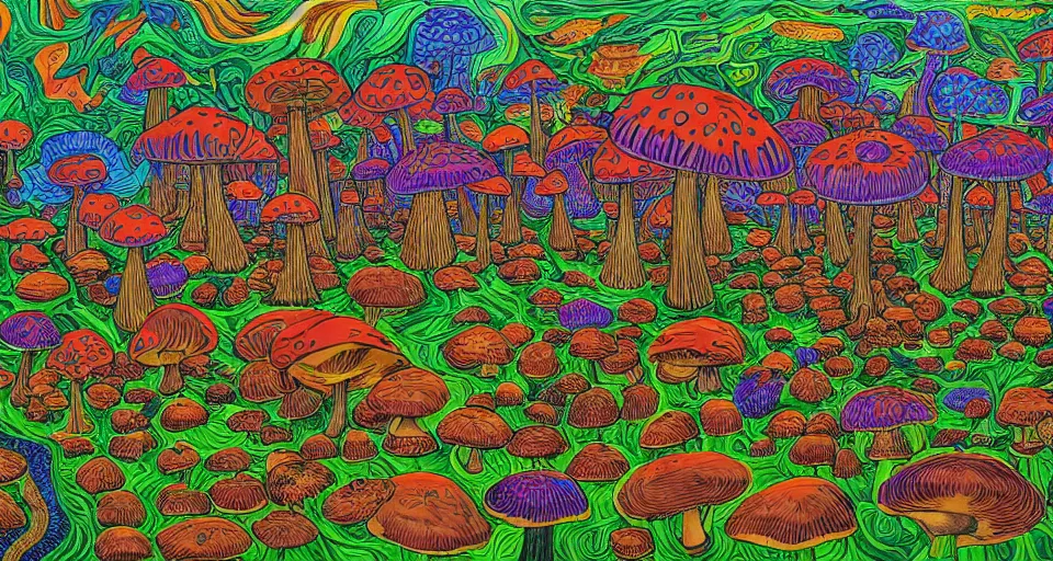 Prompt: A tribal village in a forest of giant mushrooms, by Alex Grey ,