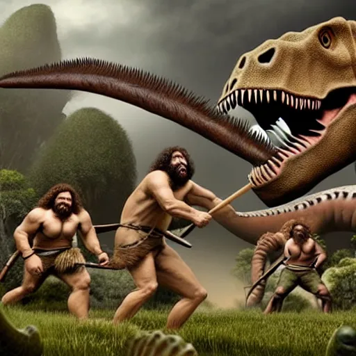 Image similar to A large dinosaur! fighting with several realistic detailed cavemen with proportioned bodies, next to the dinosaur are cavemen, the cavemen are armed with spears, the caveman are in a fighting stance, the cavemen are wearing animal furs, one caveman is stabbing the dinosaur with his spear, one caveman is cowering in fear, coarse canvas, visible brushstrokes, intricate, extremely detailed painting by Giorgione (and by Greg Rutkowski)