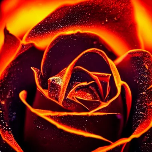 Image similar to award - winning macro of a beautiful black rose made of glowing molten magma