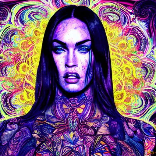 Image similar to an extremely psychedelic portrait of megan fox as mgk, surreal, lsd, face, detailed, intricate, elegant, lithe, highly detailed, digital oth, sharp focus, illustration,