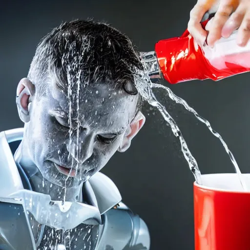 Image similar to man pouring water into the head of a robot