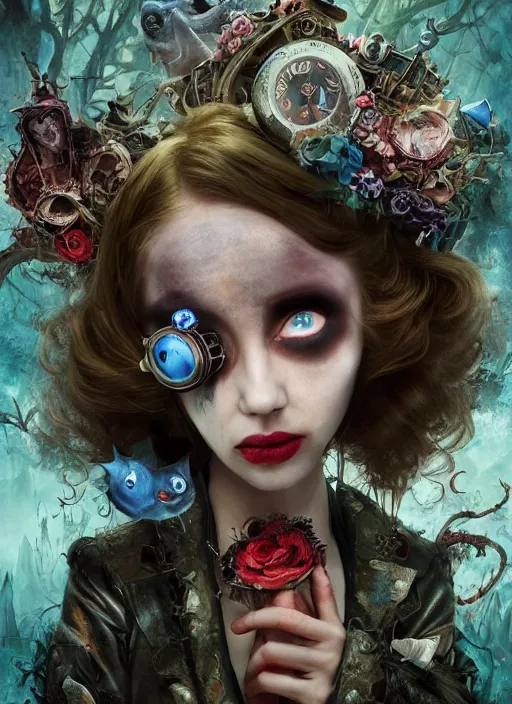 Prompt: alice in wonderland, angry, scary, cheeky, steampunk googles, highly detailed, cinematic, 8 k, by megan duncanson, benjamin lacombe, adrian borda, stanley artgermm, tom bagshaw, craig mullins, carne griffiths, ayami kojima, beksinski, giger, trending on deviantart, hyper detailed, horror, full of colour