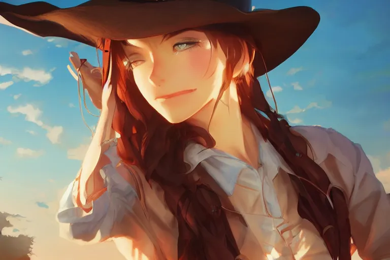 Image similar to cowgirl western girlfriend, scenic full shot, ambient lighting, detailed face, by makoto shinkai, stanley artgerm lau, wlop, rossdraws