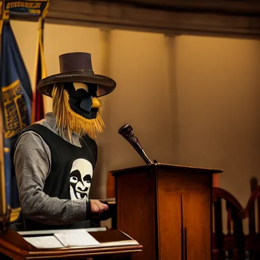 Image similar to man wearing guy fawkes mask at lectern speaking to university hall, photo, cinematic lighting