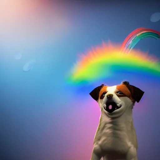 Prompt: 3d model of a dog flying in space farting a rainbow, octane render, 8k, hyper realistic