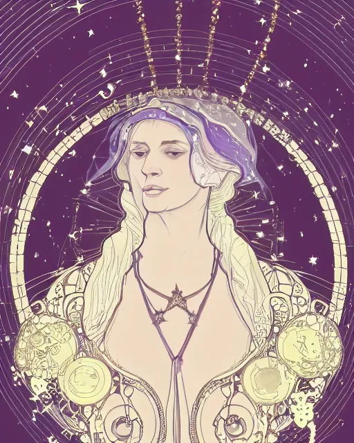 Prompt: a portrait of a galaxy as an androgynous druid spirit wearing a necklace of moons and stars, veil draped in transparent cloth, flat colors, occult, minimal, swirly, bust by alphonse mucha and warwick goble, decorative art deco border, astrophotography, vast cosmos, digital illustration, trending on artstation