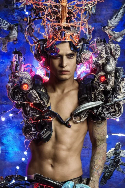 Image similar to full-body cyberpunk style sculpture of a young handsome Colombian prince half android with a chest opening exposing circuitry and electric sparks, glowing pink eyes, crown of blue flowers, flowing salmon-colored silk, fabric, raptors. baroque elements. full-length view. baroque element. intricate artwork by caravaggio. many many birds birds on background. Trending on artstation, octane render, cinematic lighting from the right, hyper realism, octane render, 8k, depth of field, 3D