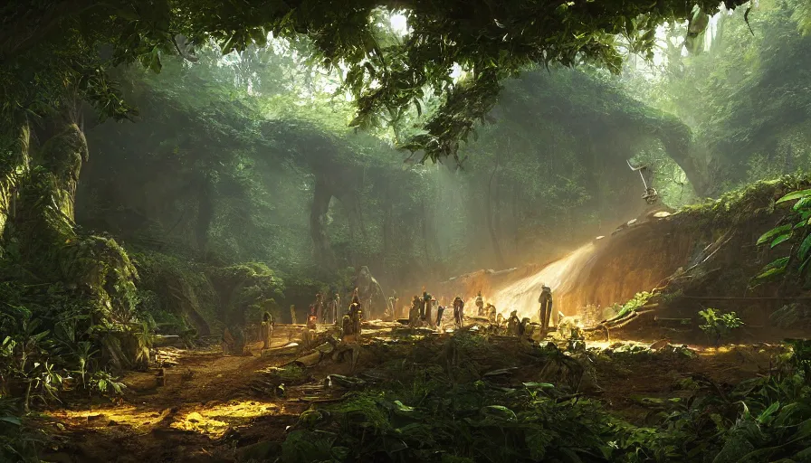 Prompt: a beautiful painting of an archaeological excavation of the battlestar galactia in a lush jungle, ray traced lighting by kalin popov and greg rutkowski