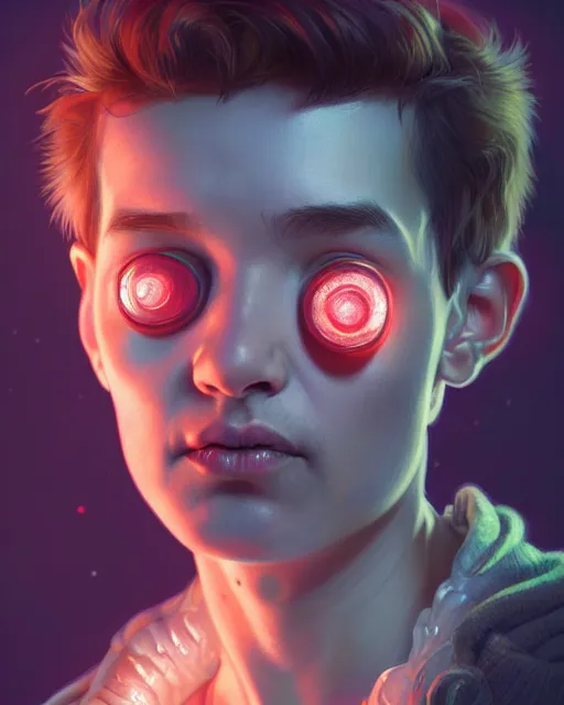 Prompt: portrait of a creepy cute boy, bioluminescent, highly detailed, digital painting, cinematic lighting, hyperrealism, dark retrowave, art by stanley lau and artgerm and magali villeneuve and alphonse mucha, artstation hd, octane render, cgsociety