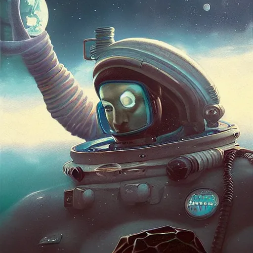 Prompt: a beautiful hyperrealistic hyperdetailed fantasy portrait of a fit muscular man in a space man suit swimming underwater with long curly black hair, by stalenhag and tom bagshaw