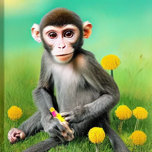 Image similar to photograph of a monkey painting dandelions on a canvas