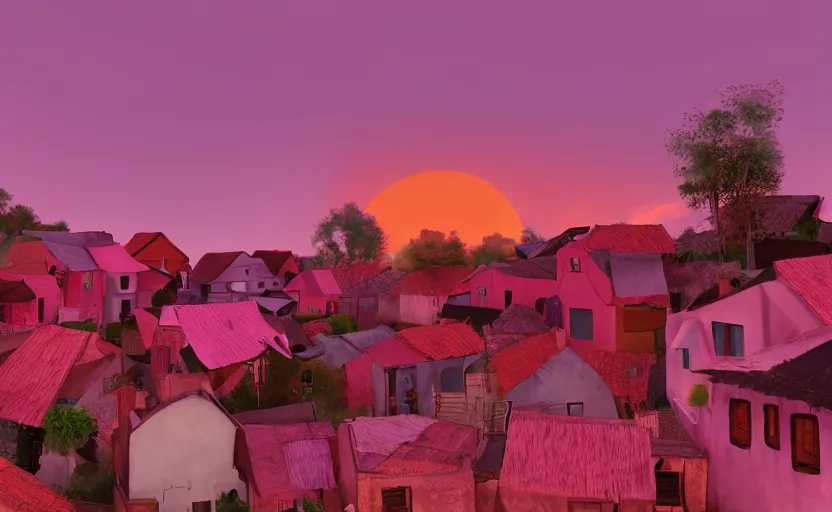 Image similar to village, houses with faces, sunset atmosphere, pink, low contrast, light, naive, detailed, cinematic lighting + masterpiece