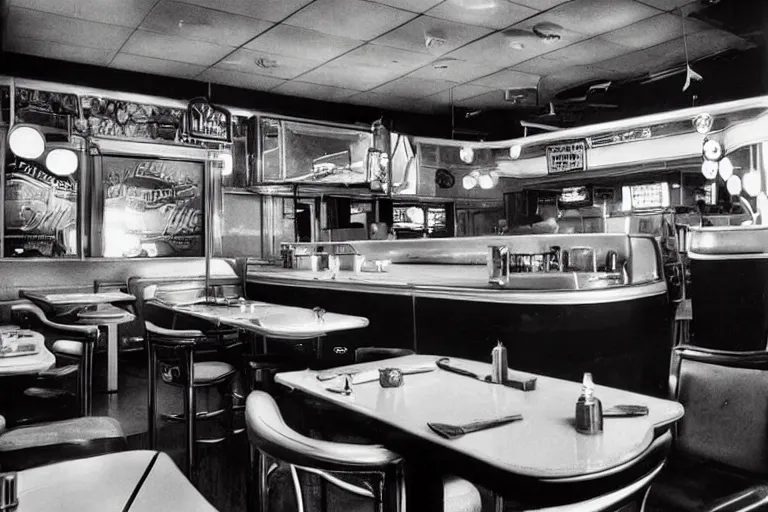 Prompt: realistic photo of a diner in the 1 9 5 0 s, highly detailed, film noir,