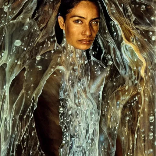 Prompt: a brown woman wearing an intricate armor made of many layers of ice. no makeup!! stalactite hair. water dripping. freckles!! haunting eyes. elaborate. ice caves. glaciers. refracted light. delicate. translucent. by ray cesar. by louise dahl - wolfe. by andrea kowch.