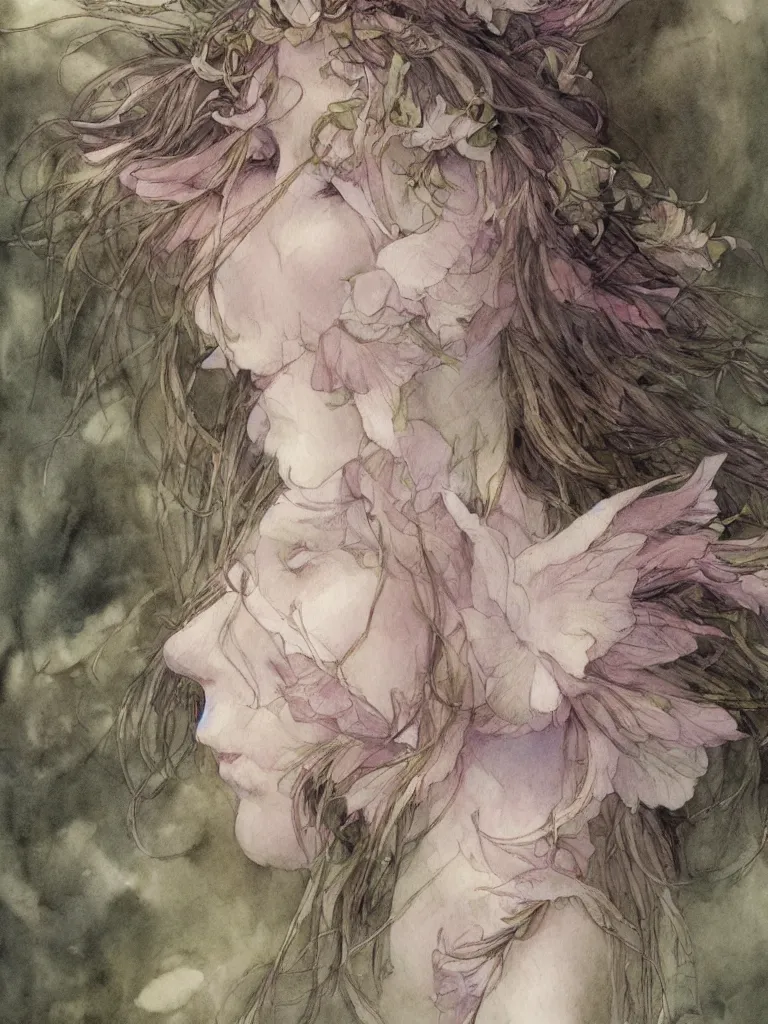 Image similar to study of a flower fairy, illustration, watercolor, alan lee, detailed, pretty, ethereal, realistic, artstation