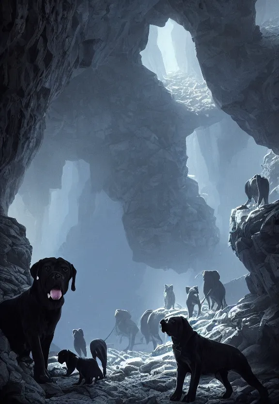 Prompt: a small party of adventurers attacked by dark black mastiffs made of shadows while exploring a claustrophobic dark blue canyon of stone, oil painting, greg rutkowski, unreal engine, octane render, cinematic lighting, highly detailed