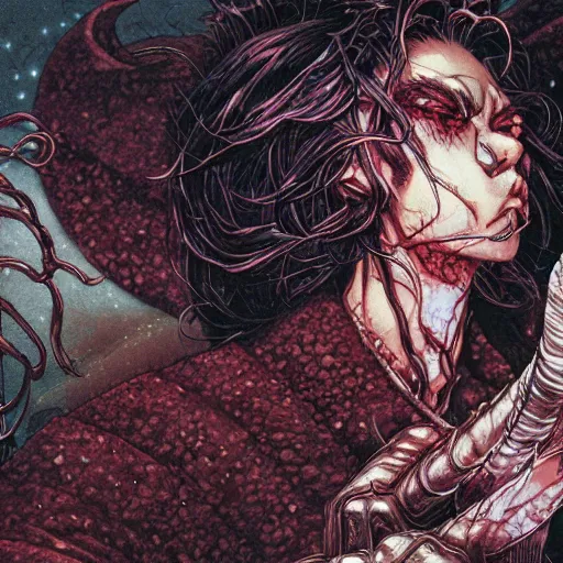 Image similar to closeup of face melting, vampire, catelvania, by yoichi hatakenaka, masamune shirow, josan gonzales and dan mumford, ayami kojima, takato yamamoto, barclay shaw, karol bak