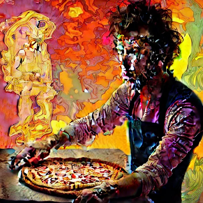 Prompt: bright psychedelic portrait of tom waits baking pizza, diffuse lighting, fantasy, intricate, elegant, highly detailed, lifelike, photorealistic, digital painting, artstation, illustration, concept art, smooth, sharp focus, art by John Collier and Albert Aublet and Krenz Cushart and Artem Demura and Alphonse Mucha