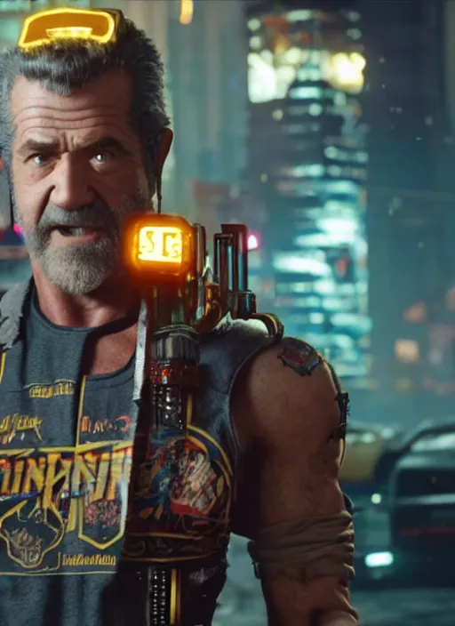 Prompt: film still of Mel Gibson as Johnny Silverhand in Cyberpunk 2077, gameplay, 8k, HD