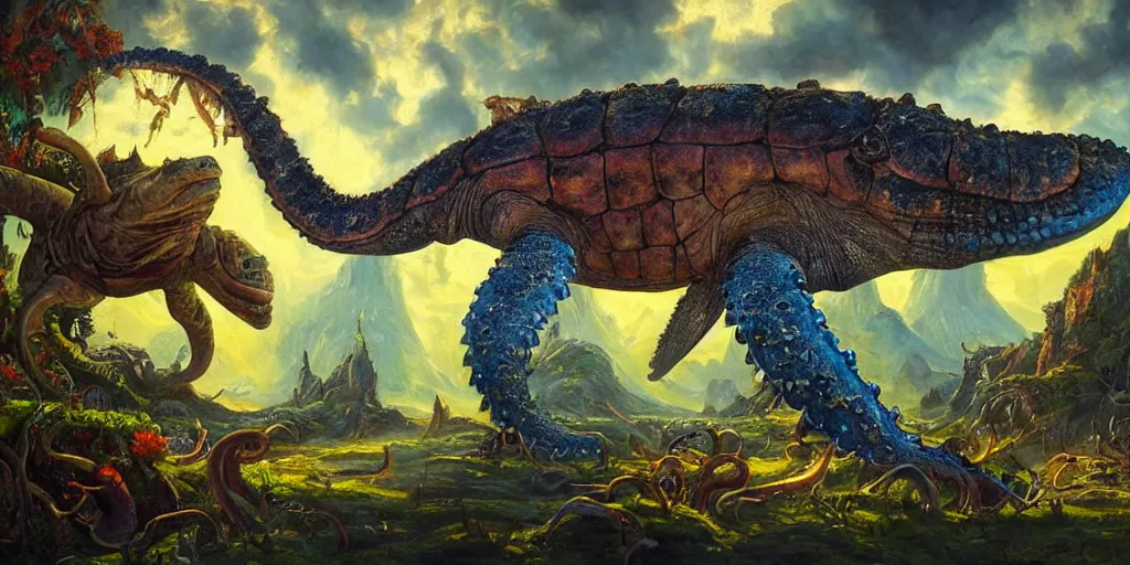 Image similar to fantasy oil painting, great leviathan, cybernetic turtle cephalopod terrapin reptilian pachyderm squid, bella hadid, hybrid, milla jovovich, anubis, epic natural light, lush plants flowers, spectacular mountains, bright clouds, luminous sky, outer worlds, golden hour, michael cheval, edward hopper, michael whelan, vray, hd